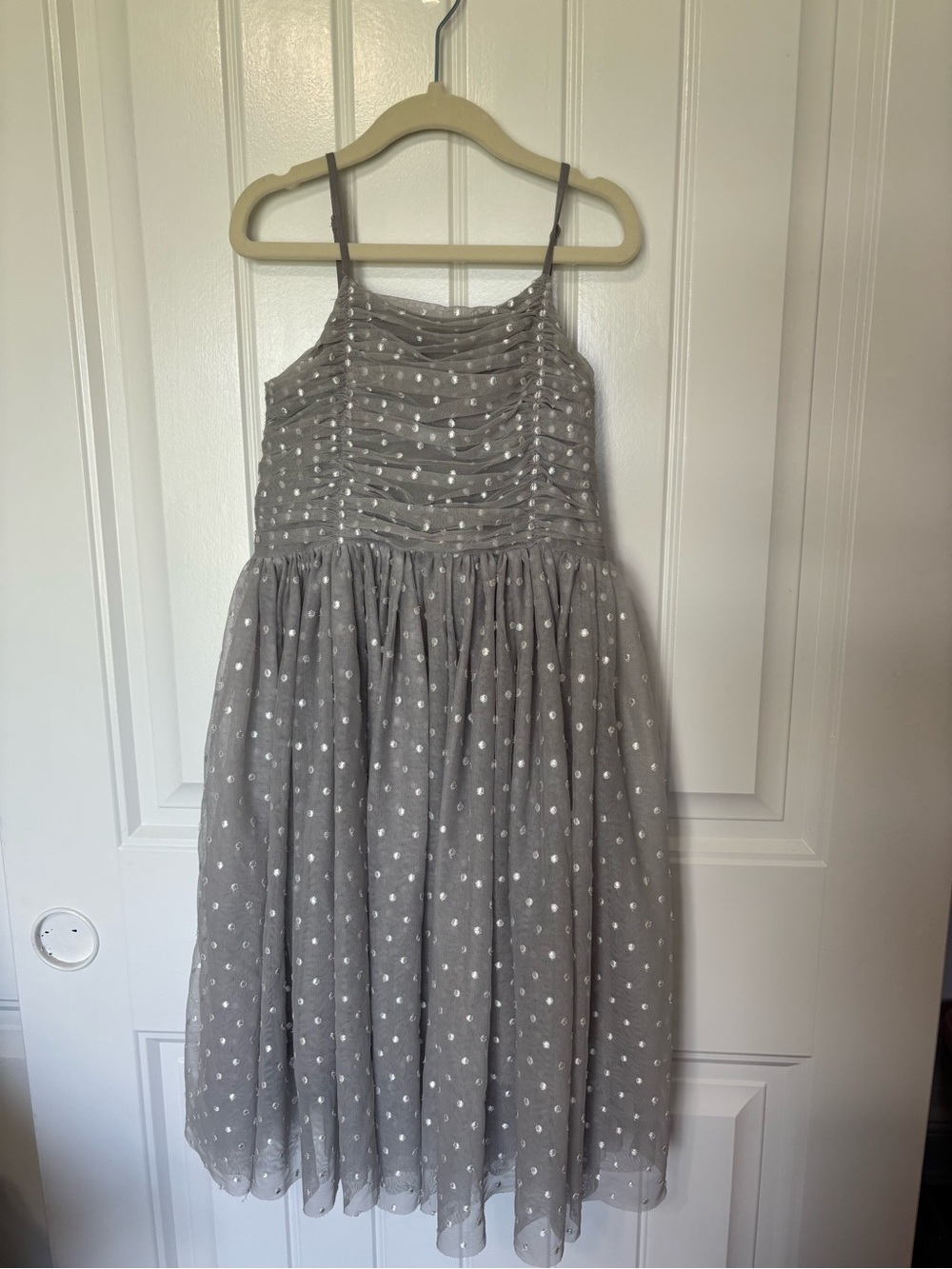 Girls' Gray Polka Dot Formal Dress with Sparkle Overlay